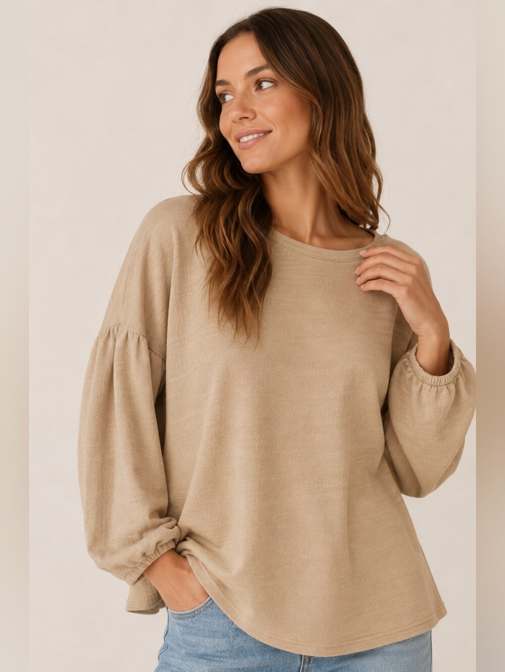 Pure Jill  Slub French Terry Balloon Sleeve Oversized Minimalist Pullover Top